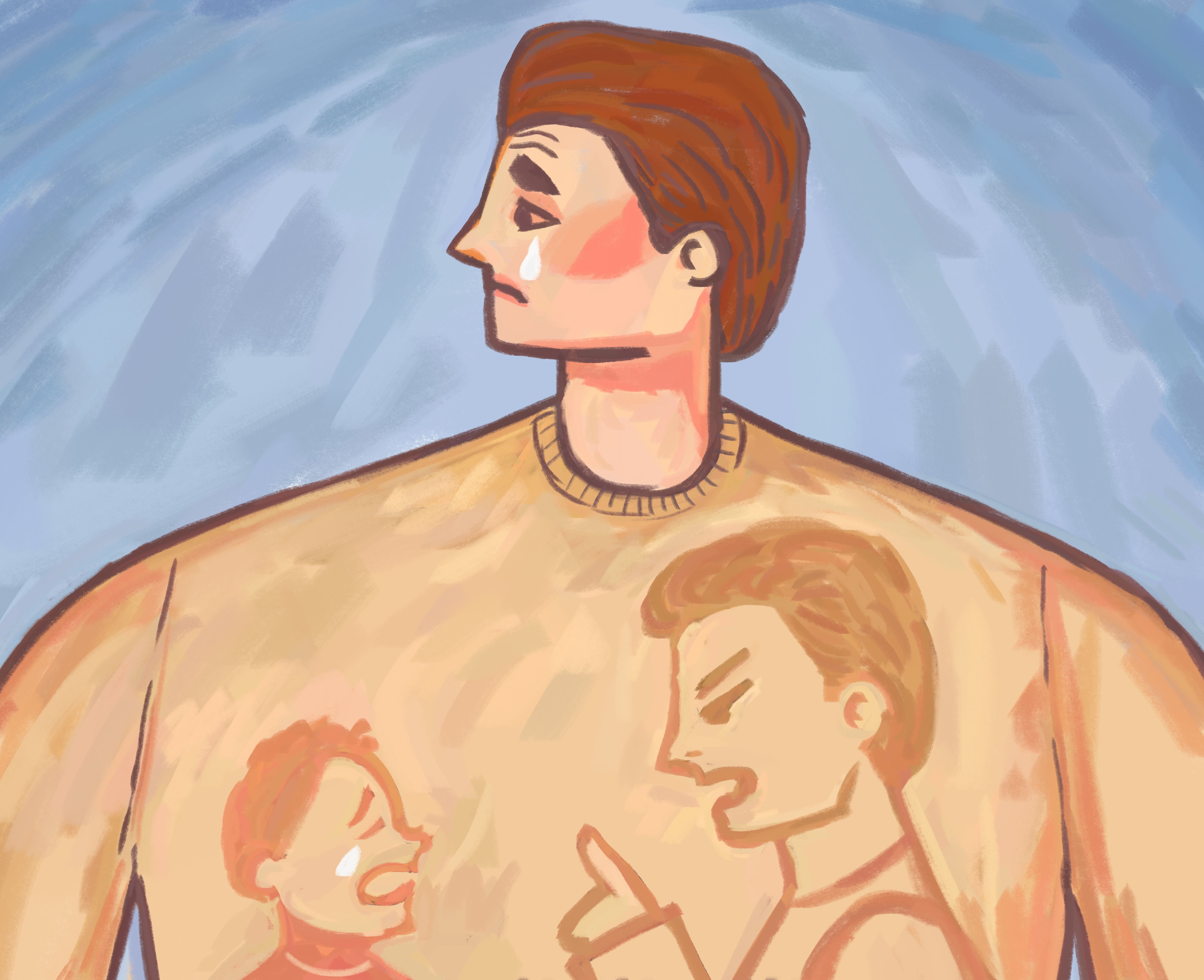 An abstract illustration of a man with a tear on his face, looking away. On his chest, a child is crying while a larger figure angrily points and shouts, symbolizing the lasting impact of attachment trauma and inner conflict.